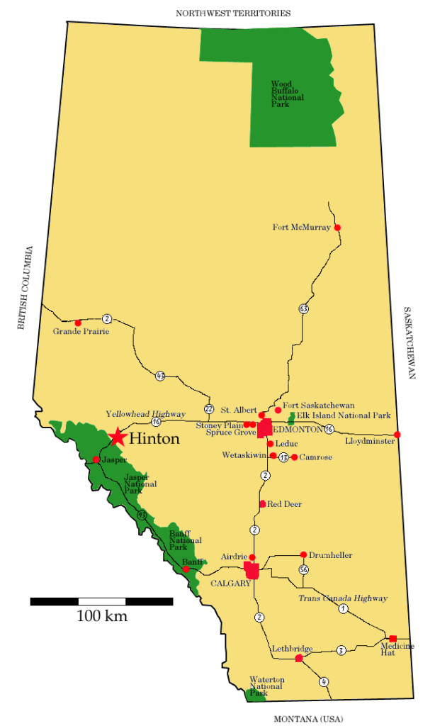 Map Of Alberta Showing Pricipal Towns And Highways 614x1024 